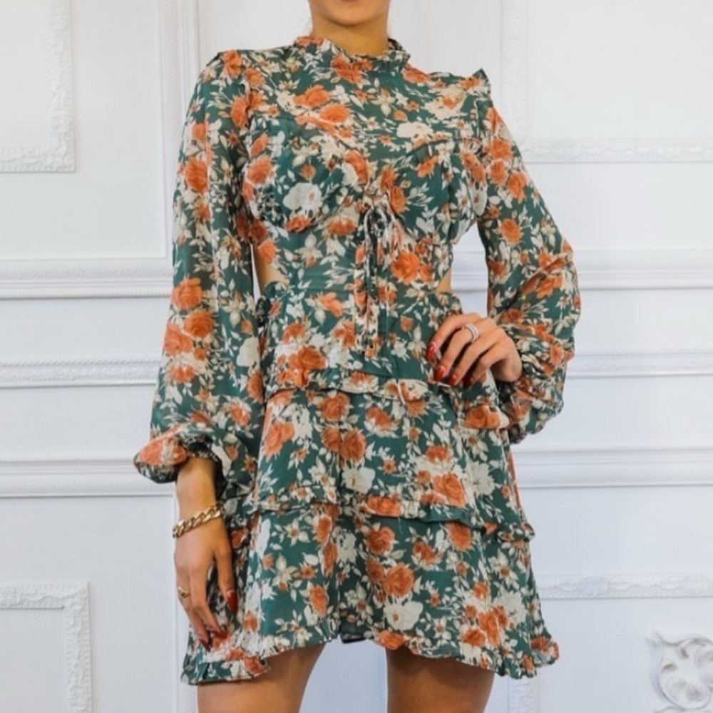 Floral Green and Orange Women's Dress - Picture 1 of 6